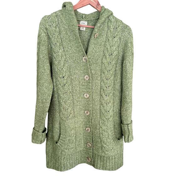 LL Bean Womens Cable Knit Cardigan Sweater S Green L.L. Bean Hood Fisherman - Picture 1 of 5